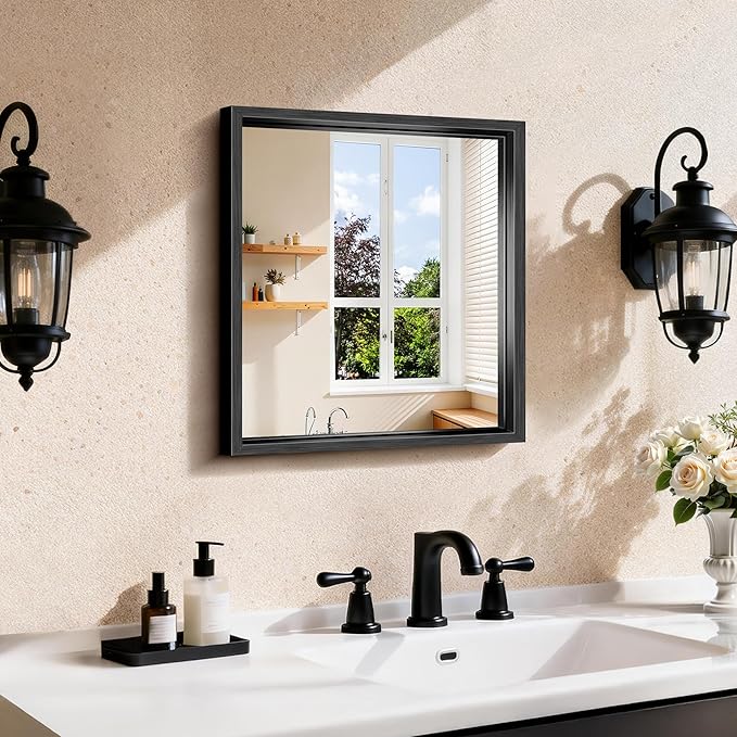 CIRCUMI 14"x16" Brushed Black Mirror with Chunky Box Metal Frame, Bathroom Mirror for Vanity Remodel & New Home, Living Room, Entryway, Rectangular Wall Mirror, Tempered Glass, Vertical or Horizontal
