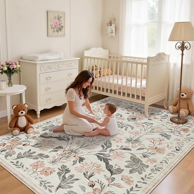 6x9 Area Rugs Washable Rug: Lagre Boho Living Room Rug Soft Non-Slip Thin Carpet Indoor Floor Non-Shedding Neutral Floral Carpets for Bedroom Dining Room Farmhouse Nursery Pink