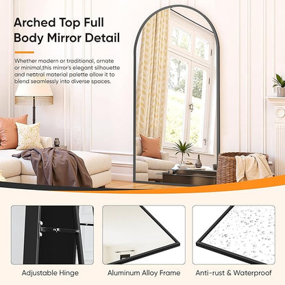 Suidia Full Length Mirror, 76"x34" Floor Standing Mirror Freestanding, Full Body Mirrors with Stand for Bedroom, Hanging Mounted for Living Room Cloakroom, Black, Arched Style