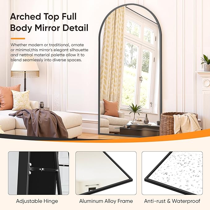 Suidia Full Length Mirror, 81"x41" Floor Standing Mirror Freestanding, Full Body Mirrors with Stand for Bedroom, Hanging Mounted for Living Room Cloakroom, Black, Arched Style