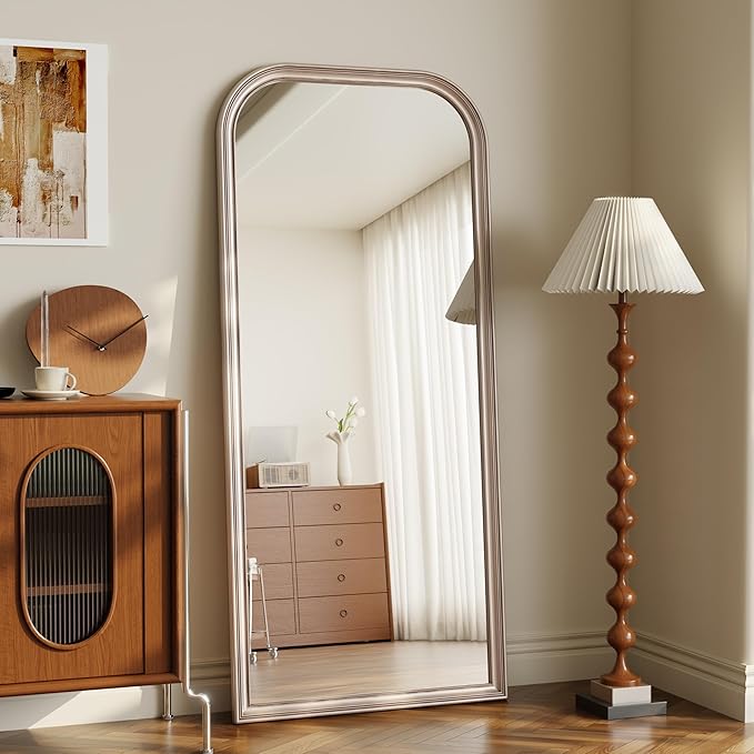 28"×69" Rounded Top Large Full Length Mirror, Arched Vintage Floor Stangding Body Mirror - PU Frame, Wall Mounted Hanging Leaning Antique Decor for Dressing Room, Entryway, Bedroom, Silver