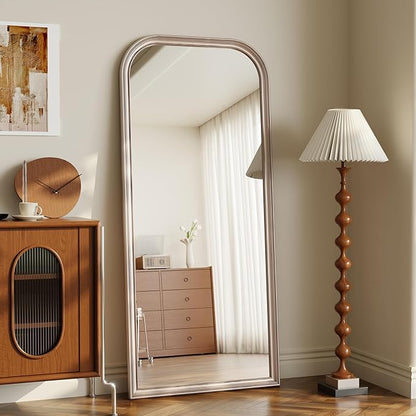 28"×69" Rounded Top Large Full Length Mirror, Arched Vintage Floor Stangding Body Mirror - PU Frame, Wall Mounted Hanging Leaning Antique Decor for Dressing Room, Entryway, Bedroom, Silver