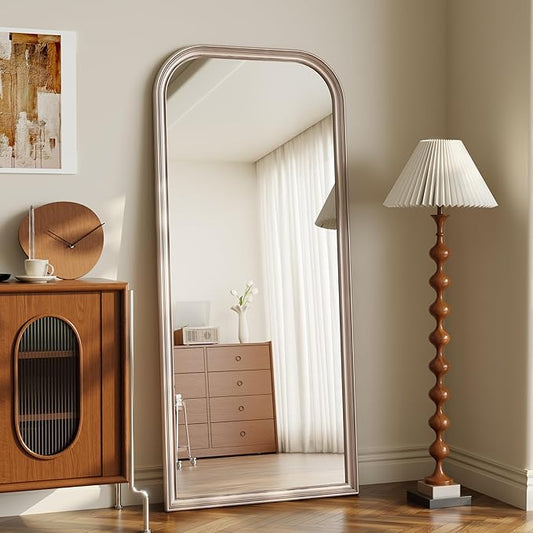 28"×69" Rounded Top Large Full Length Mirror, Arched Vintage Floor Stangding Body Mirror - PU Frame, Wall Mounted Hanging Leaning Antique Decor for Dressing Room, Entryway, Bedroom, Silver