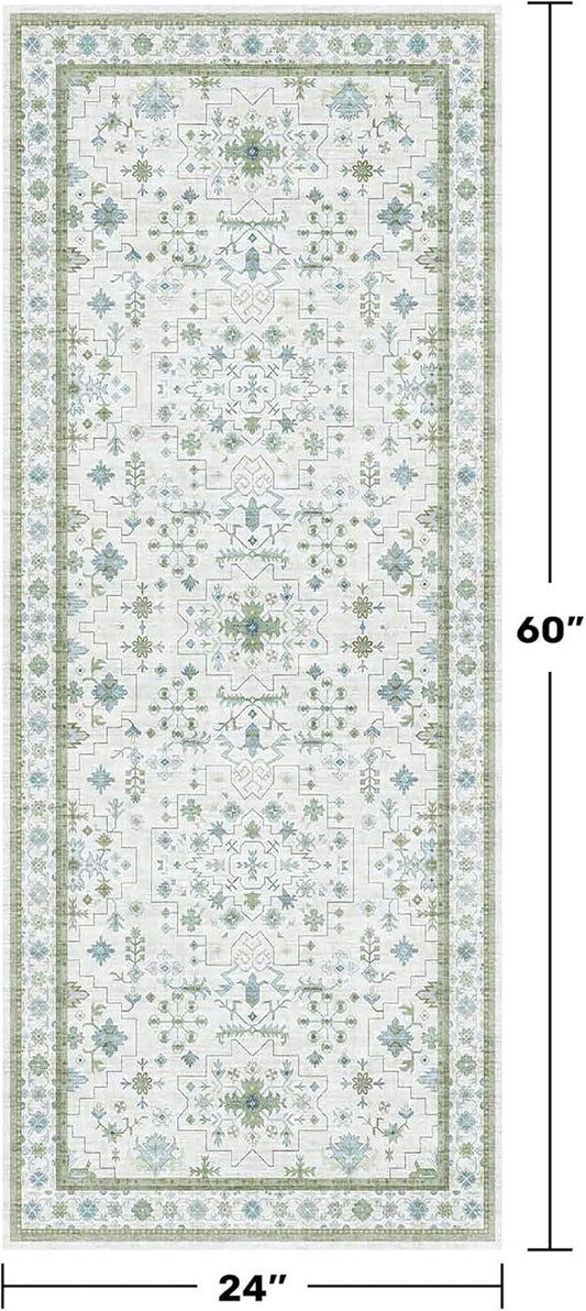 Hazo Haus Washable Oushak Bathroom Runner Rug 2x5 - Eclectic Boho Floral Pastel, Non Slip Low Pile Stain Resistant Small Throw Rug for Bedroom, Laundry Room, Powder Room, Cream Green