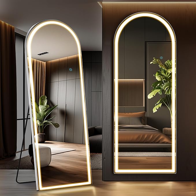 Arched Full Length Mirror with Stand 26"×71", Upgraded Full Body Mirrors with LED Light 3 Color Lighting, Floor Standing, Hanging or Leaning Modern Simple Home Wall Decor, White
