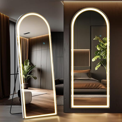 Arched Full Length Mirror with Stand 26"×71", Upgraded Full Body Mirrors with LED Light 3 Color Lighting, Floor Standing, Hanging or Leaning Modern Simple Home Wall Decor, White