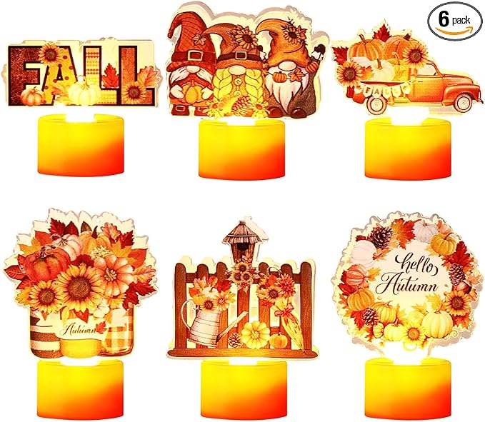 Tuanse 6 Pcs Hello Autumn Tea Lights Candles Fall Table Centerpieces for Dinner Fall LED Flameless Tealight Candles Thanksgiving Table Centerpieces for Home Office Kitchen Indoor Party Decor