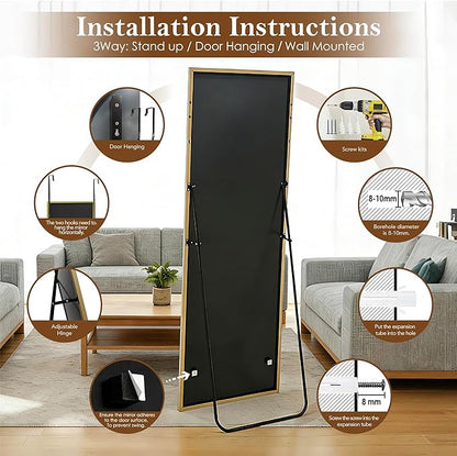 NARCISSUS 57x20 Mirror Door Hanging Full Length Body with Floor Stand or Wall Mounted Metal Aluminum Frame Tempered Glass Rectangle Mirrors for Bedroom Dressing Living Room Bathroom 57 inch Gold