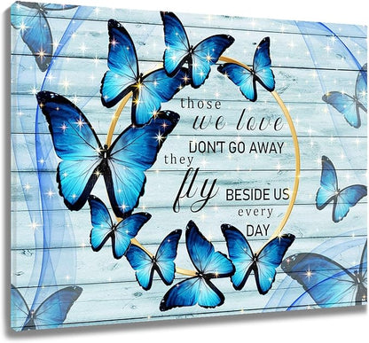 LB Farmhouse Blue Butterfly Wall Art Rustic Wood Board Inspirational Quote Canvas Wall Art Modern Aesthetic Wall Decor for Bedroom Living Room Bathroom Framed Ready to Hang 12L x 12W