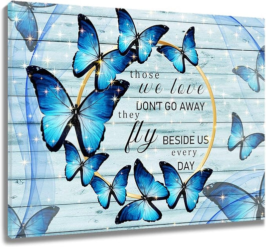 LB Farmhouse Blue Butterfly Wall Art Rustic Wood Board Inspirational Quote Canvas Wall Art Modern Aesthetic Wall Decor for Bedroom Living Room Bathroom Framed Ready to Hang 12L x 12W