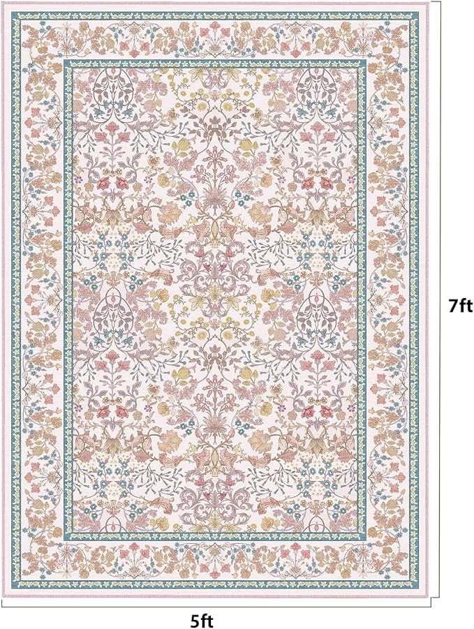 AMADA HOMEFURNISHING 5x7 Area Rug, Washable Living Room Rug with Non-Slip Backing, Low Pile and Durable Edge Binding, Vintage Soft Floral Rugs for Living Room, Bedroom, Dining Room