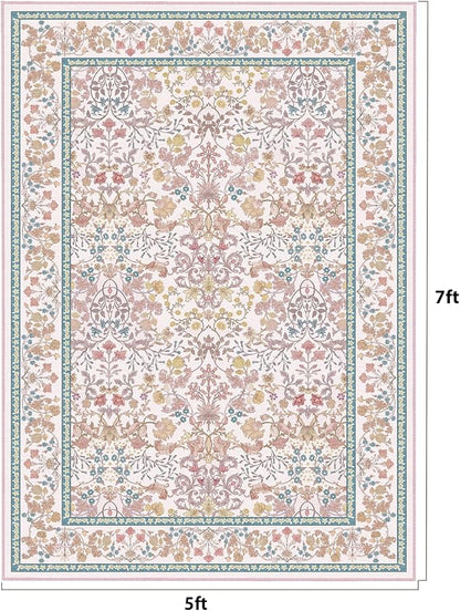 AMADA HOMEFURNISHING 5x7 Area Rug, Washable Living Room Rug with Non-Slip Backing, Low Pile and Durable Edge Binding, Vintage Soft Floral Rugs for Living Room, Bedroom, Dining Room