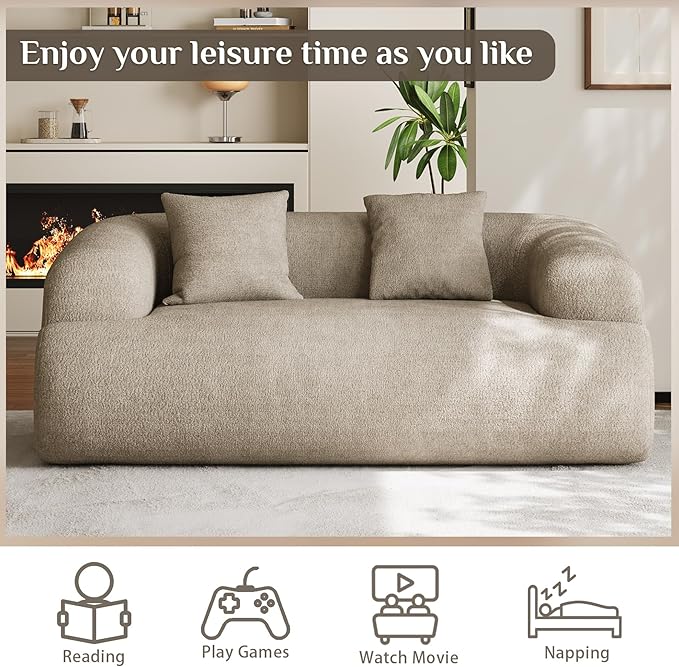 75" Boneless Cloud Loveseat, Modern Cute Curved Chenille Sofa, 2 Seater Compression Couch with 2 Pillows, No Assembly Required for Apartment Living Room, Light Brown