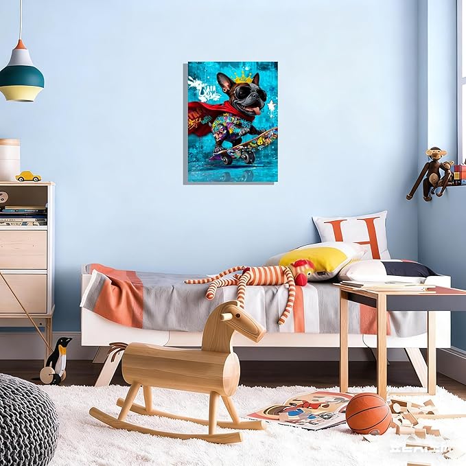 12x16 inch Graffiti French Bulldog Canvas Wall Art - Cool Skateboard Dog Poster with King Crown & Sunglasses, Pop Art Prints Street Style Framed Painting, Modern Colorful Animal Wall Decor for Bedroom Living Room