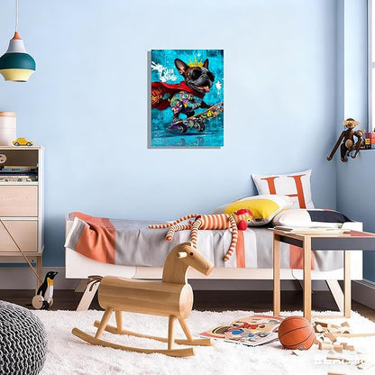12x16 inch Graffiti French Bulldog Canvas Wall Art - Cool Skateboard Dog Poster with King Crown & Sunglasses, Pop Art Prints Street Style Framed Painting, Modern Colorful Animal Wall Decor for Bedroom Living Room