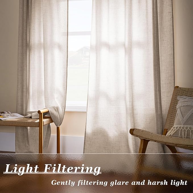 Linen Curtains 63 Inch Length Semi Sheer Flax Linen Textured, Small Drapes for Farmhouse Kitchen Bedroom Apartment, Light Reducing Privacy Curtain Rod Pocket Hook Belt 63 Inches Long 2 Panels