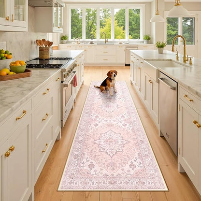 RELEANY Area Rugs 2'6"x8' Runner Rug Non Slip Washable for Kitchen Hallway Bedroom Beside Laundry Room Bathroom Rug, Floor Carpet, Pink Greypink Cute