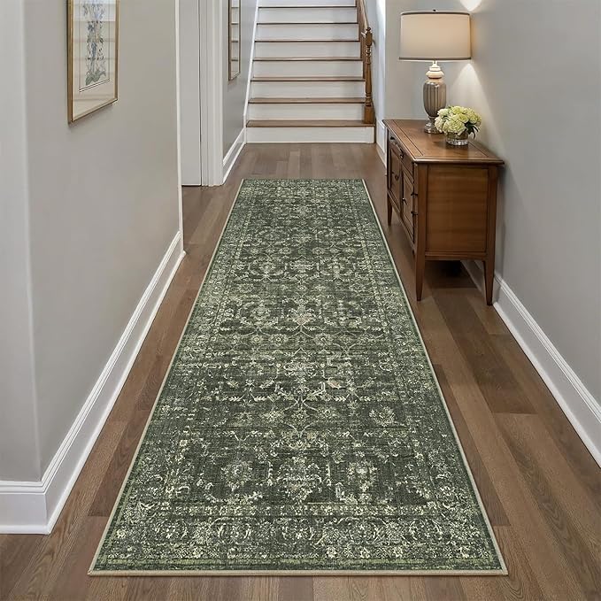 3x8 Green Runner Rug Hallway Washable Area Rugs Kitchen Vintage Boho Non Slip Long Rug Floral Carpet Indoor Retro Soft Low Pile Throw Rug for Bedroom Bathroom Laundry Dining Living Room Office