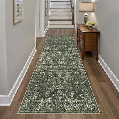 3x8 Green Runner Rug Hallway Washable Area Rugs Kitchen Vintage Boho Non Slip Long Rug Floral Carpet Indoor Retro Soft Low Pile Throw Rug for Bedroom Bathroom Laundry Dining Living Room Office