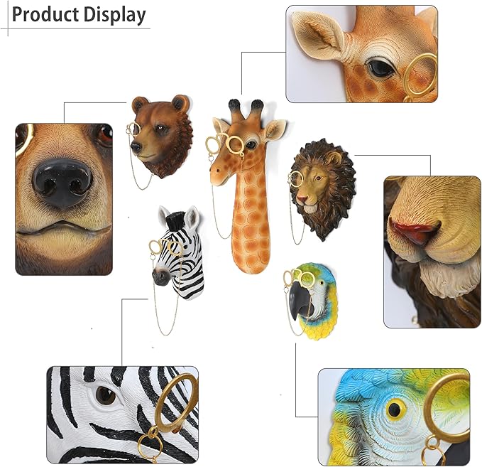 UITWMKTG 5 Pack Simulated Animal Head Wall Decor Colored Animal Sculptures Wall Mount 3D Wall Art Decoration for Home Bedroom Living Room Decor