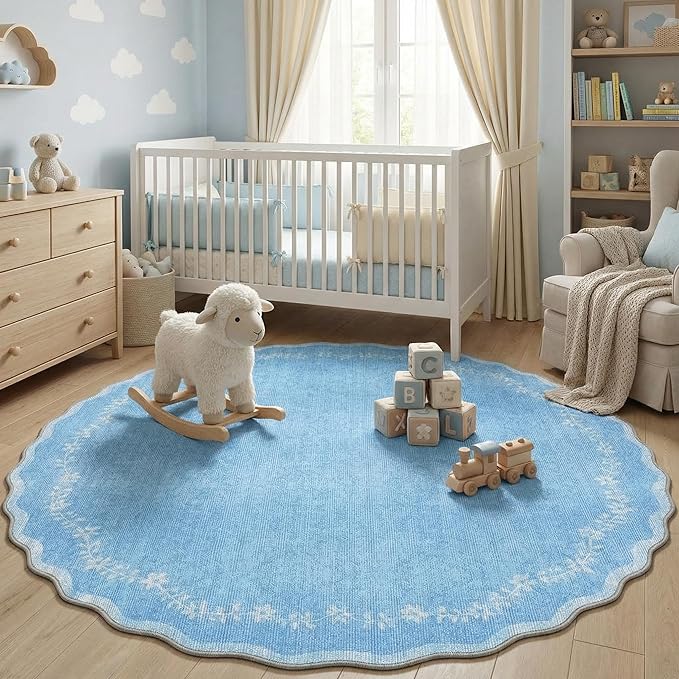 GarveeHome Round Area Rugs 4ft for Kids Room, Solid Blue Scalloped Washable Circle Rug Soft Non Slip Floral Print Floor Mat Carpet Indoor Thin Tent Rug for Bedroom Dining Room Playroom Nursery
