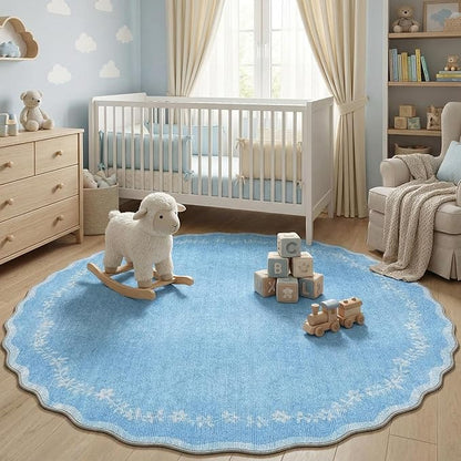 GarveeHome Round Area Rugs 4ft for Kids Room, Solid Blue Scalloped Washable Circle Rug Soft Non Slip Floral Print Floor Mat Carpet Indoor Thin Tent Rug for Bedroom Dining Room Playroom Nursery