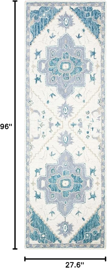 SAFAVIEH Micro-Loop Collection 2'3" x 8' IvoryNavy MLP503L Handmade Shabby Chic Medallion Premium Wool Entryway Foyer Living Room Kitchen Runner Rug