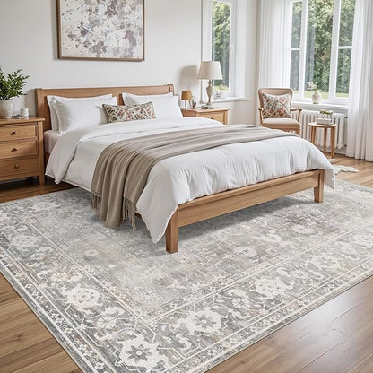 DEXI Area Rugs for Living Room, 5x8 Washable Low Pile Vintage Traditional Rug for Bedroom, Non Slip Indoor Carpet for Dining Office Nursery, Light Grey