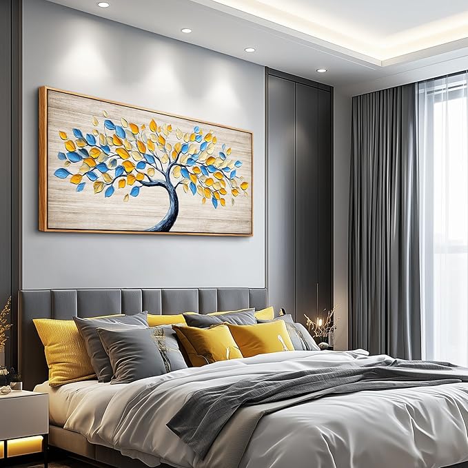 Wapluam Tree Of Life Wall Art,Canvas Wall Art For Living Room,Yellow And Blue Tree Abstract Canvas Painting Art Prints,Nature Modern Pictures Wall Decor For Bedroom Bathroom Dining Room Office 20"X40"