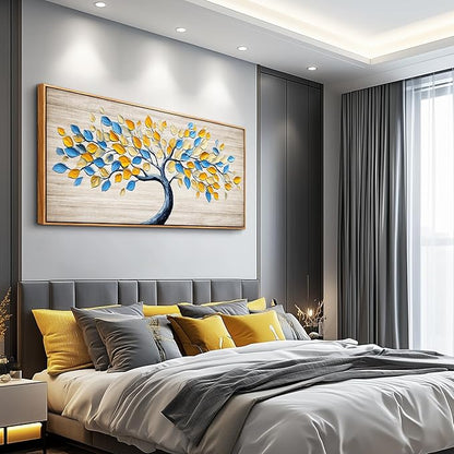 Wapluam Tree Of Life Wall Art,Canvas Wall Art For Living Room,Yellow And Blue Tree Abstract Canvas Painting Art Prints,Nature Modern Pictures Wall Decor For Bedroom Bathroom Dining Room Office 20"X40"
