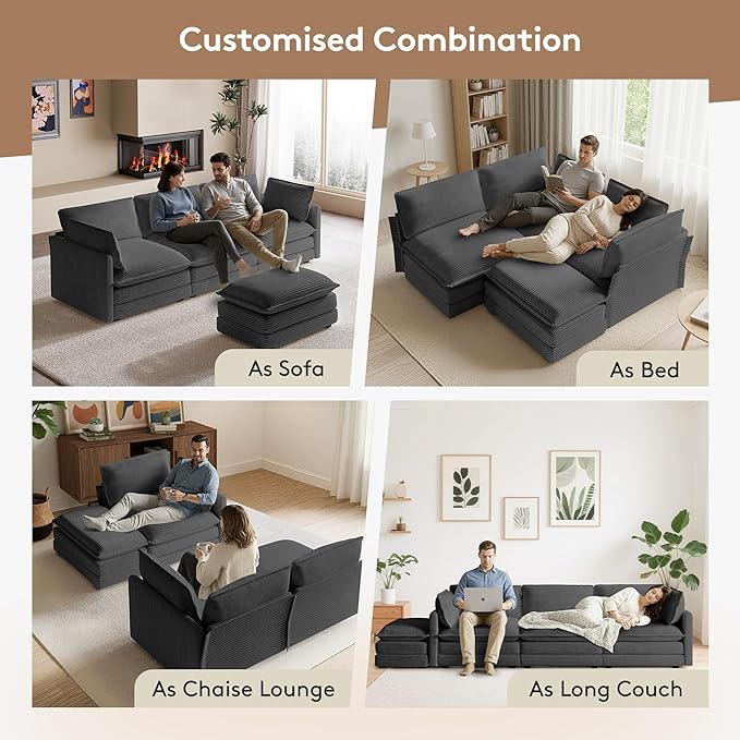 ROWHY 104'' Modular Sectional Cloud Couch with Movable Ottoman, 4 Seat Modern Corduroy Sofa, Deep Seat L Shaped Couch for Living Room Bedroom Apartment, Dark Grey
