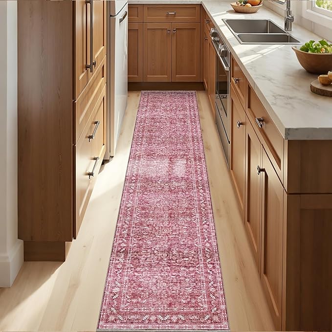 OPPODREAM Vintage Hot Pink 2x10 Runner Rug, 2 x 10 Retro Washable Rug Non Slip, Low-Pile Faux Wool Carpet, Distressed Floor Mat for Kitchen, Hallway, Entry-Way, Entrance, Indoor Back Door