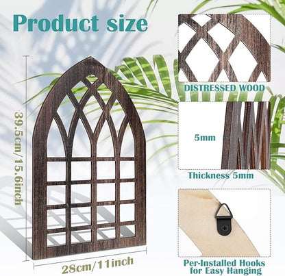 Yulejo 2 Pcs Rustic Window Frame Wall Decor Wooden Farmhouse Wall Decor 15.6'' x 11'' Arched Cathedral Window Home Decor Fake Window Pane Vintage Wall Art for Entryway Living Room Bedroom (Dark Brown)
