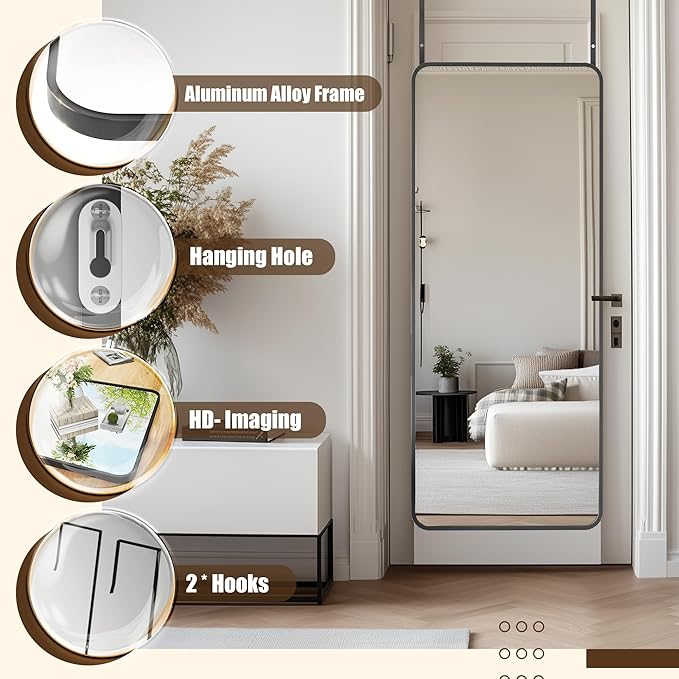 Antok Over The Door Mirror Full Length, 58'' x 21''Wall Mounted Hanging Mirror, Aluminum Alloy Frame, Shatterproof Glass, No Drill Installation for Bedroom, Closet, Bathroom, Dorm, Round Corner,Black