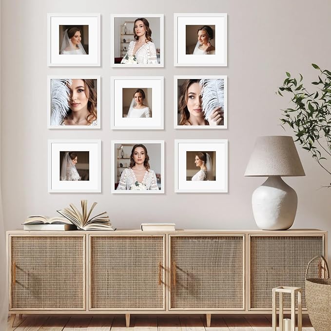 8x8 Picture Frame Set of 9, Display Pictures 4x4 with Mat or 8x8 without Mat, Multi Collage Gallery Square Photo Frames for Wall or Tabletop, White