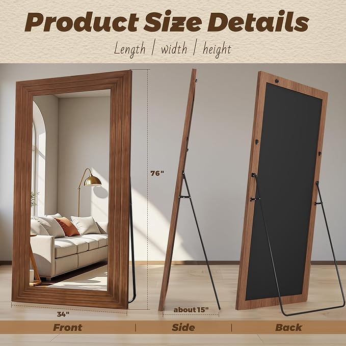 Antok Full Length Mirror with Solid Wood Frame, 76"×34" Wall Mounted Oversized Floor Mirror with Stand, Leaning Standing Hanging for Bedroom Living Room Entryway, Brown, Rect Style