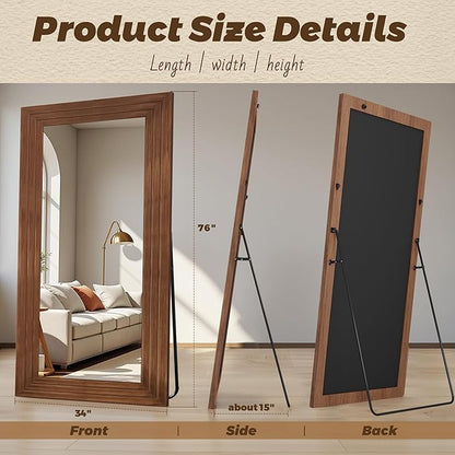Antok Full Length Mirror with Solid Wood Frame, 76"×34" Wall Mounted Oversized Floor Mirror with Stand, Leaning Standing Hanging for Bedroom Living Room Entryway, Brown, Rect Style