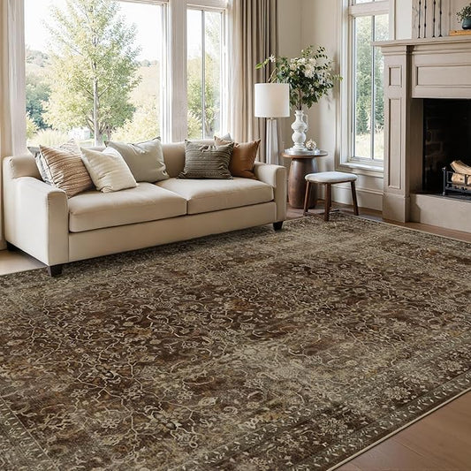 Distressed Coffee Brown Living Room Rugs 6x9, Washable Non Slip Thin Carpet Rugs for Dining Room Under Table, Vintage Earth Tone Area Rugs for Bedroom Home Office Reading Nook