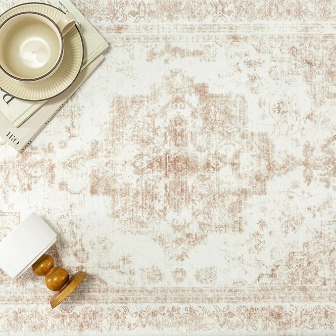 PureCozy Area Rug 10x12 Cream Washable Living Room Beige Carpet Non Slip Vintage Medallion Indoor Bedroom Beige Carpet Low Pile Soft Retro Distressed Large Rug Home Office Dining Room Playroom