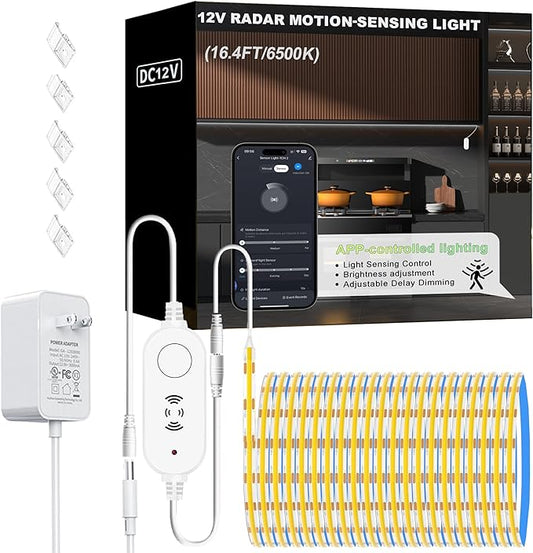 Cool White 6500K Smart COB LED Strip Light 16.4ft with Radar Motion Sensor, WiFi APP Control Dimmable Flexible LED Tape Light Timed for Google Home Alexa for Cabinets,Home&Office DIY Lighting