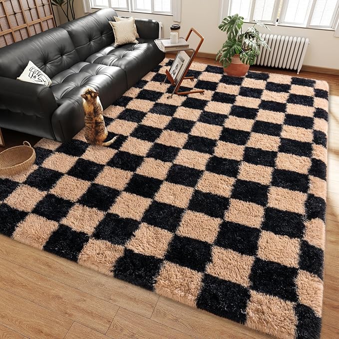 Shag Rugs for Living Room 5x7, Ultra Soft Checkered Black Beige Big Fuzzy Rugs for Bedroom, 5 x 7 Fluffy Shaggy Plush Carpet Kids Room Dorm Upgrade Non-Slip