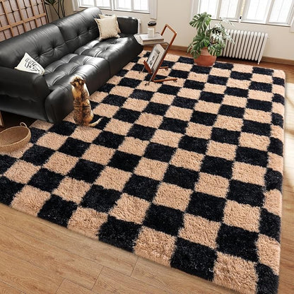 Shag Rugs for Living Room 5x7, Ultra Soft Checkered Black Beige Big Fuzzy Rugs for Bedroom, 5 x 7 Fluffy Shaggy Plush Carpet Kids Room Dorm Upgrade Non-Slip