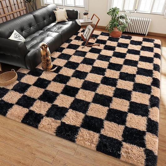 Shag Rugs for Living Room 5x7, Ultra Soft Checkered Black Beige Big Fuzzy Rugs for Bedroom, 5 x 7 Fluffy Shaggy Plush Carpet Kids Room Dorm Upgrade Non-Slip