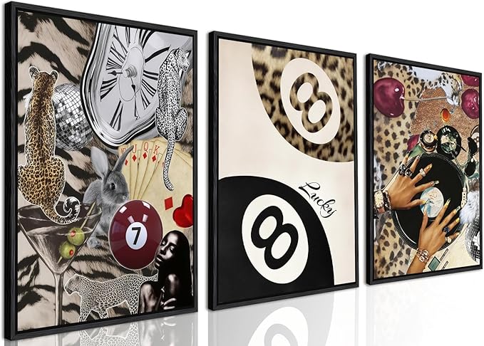 Fashion Cheetah Wall Art Set of 3 Leopard Wall Decor Pictures Lucky 8 Ball Poster Canvas Painting Prints Dark Red Cheetah Artwork for Bedroom Living Room 16x24 inch Black PS Framed
