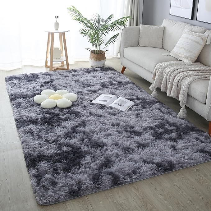 KICHOWUA Area Rug 5x7 Dark Grey Fluffy Shag for Bedroom, Extra Soft Plush Fuzzy Washable Thickened Non-Slip Carpet, Modern Furry Shaggy Rug for Living Room Kids Nursery Dorm Room, Tie-Dye Gray