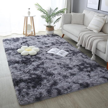 KICHOWUA 6x9 Dark Grey Fluffy Shag Rug for Bedroom Living Room, Ultra Soft Plush Fuzzy Washable Non Slip Floor Cozy Carpet, Modern Comfy Shaggy Large Area Rug for Kids Baby Nursery Dorm, Tie-Dye Gray