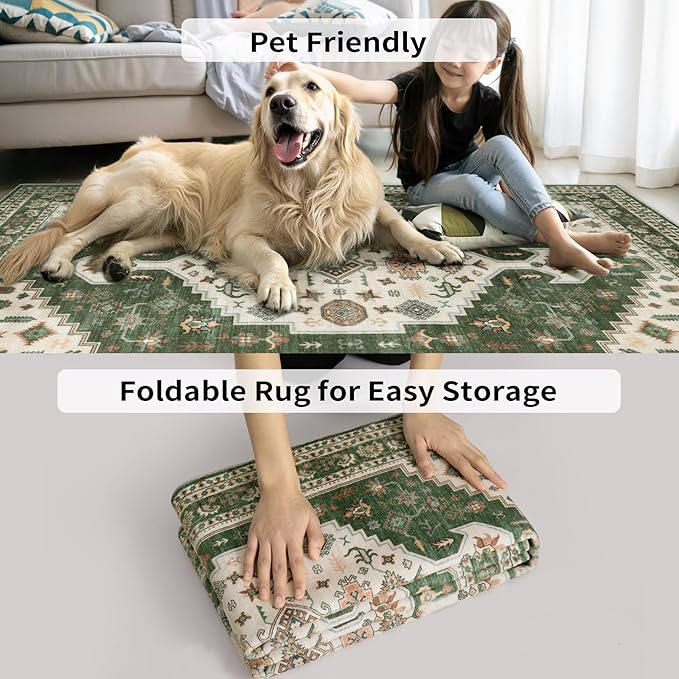 Tangsoo 2.6x8 Washable Runner Rug for Hallways,Vintage Non-Slip Runner Rug Boho Non-Slip Soft Low Pile Long Indoor Rug Runner Carpet for Kitchen Bedroom Entryway Laundry Green Beige