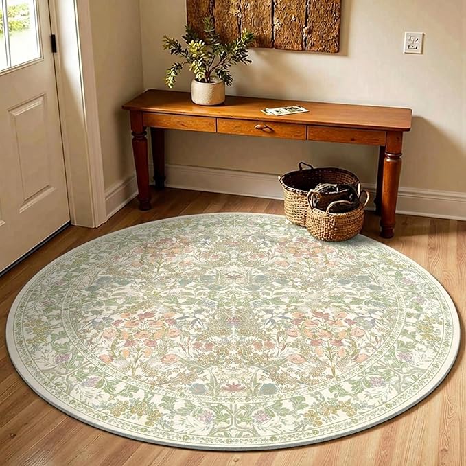 Sage Green 3ft Round Entryway Rug - Small Circle Soft Rugs for Bedroom, Home Office, Nurery, Kitchen, Classic Washable Non Slip & Low Pile Carpet Décor