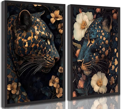 Dark Cheetah Canvas Wall Art Moody Blue and Gold Leopard Wildlife Animal Flower Pictures Painting Wall Decor Poster Print Artwork for Living Room Bedroom Decoration Unframed