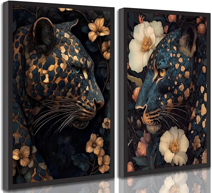 Dark Cheetah Canvas Wall Art Moody Blue and Gold Leopard Wildlife Animal Flower Pictures Painting Wall Decor Poster Print Artwork for Living Room Bedroom Decoration Unframed